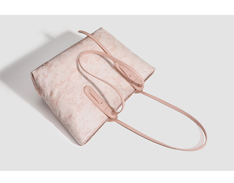 Large structured floral jacquard tote bag with long leather-look shoulder strap, detail view 8