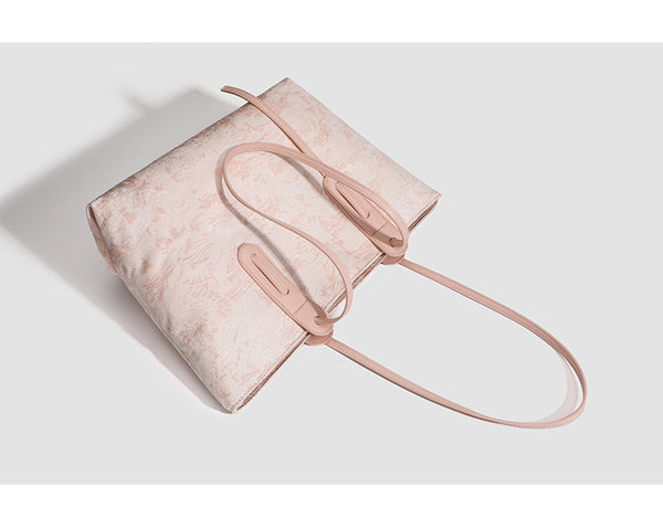 Large structured floral jacquard tote bag with long leather-look shoulder strap, detail view 8