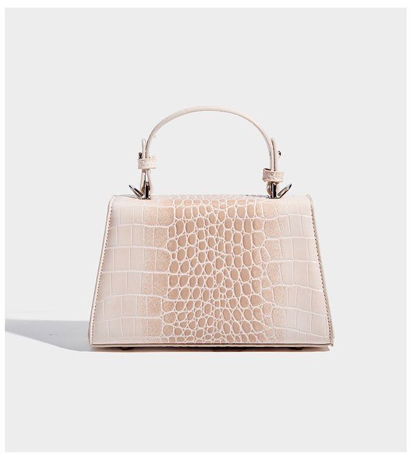 Small structured crocodile-embossed glossy top-handle satchel bag with silver-tone turn-lock clasp and detachable shoulder