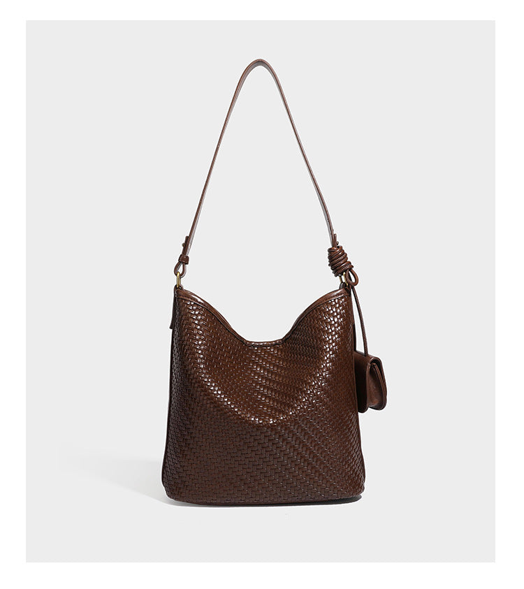 Woven-look slouchy hobo shoulder bag in brown with attached mini pouch and gold-tone hardware, detail view 14