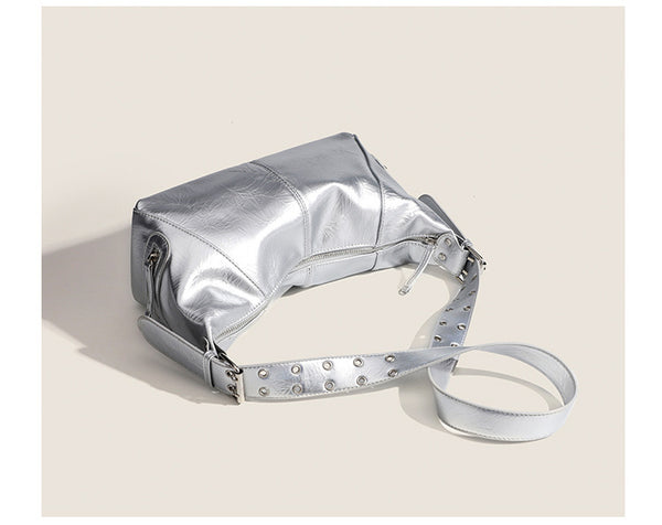 Glossy crinkled mini hobo shoulder bag with studded adjustable strap and silver-tone hardware, detail view 13