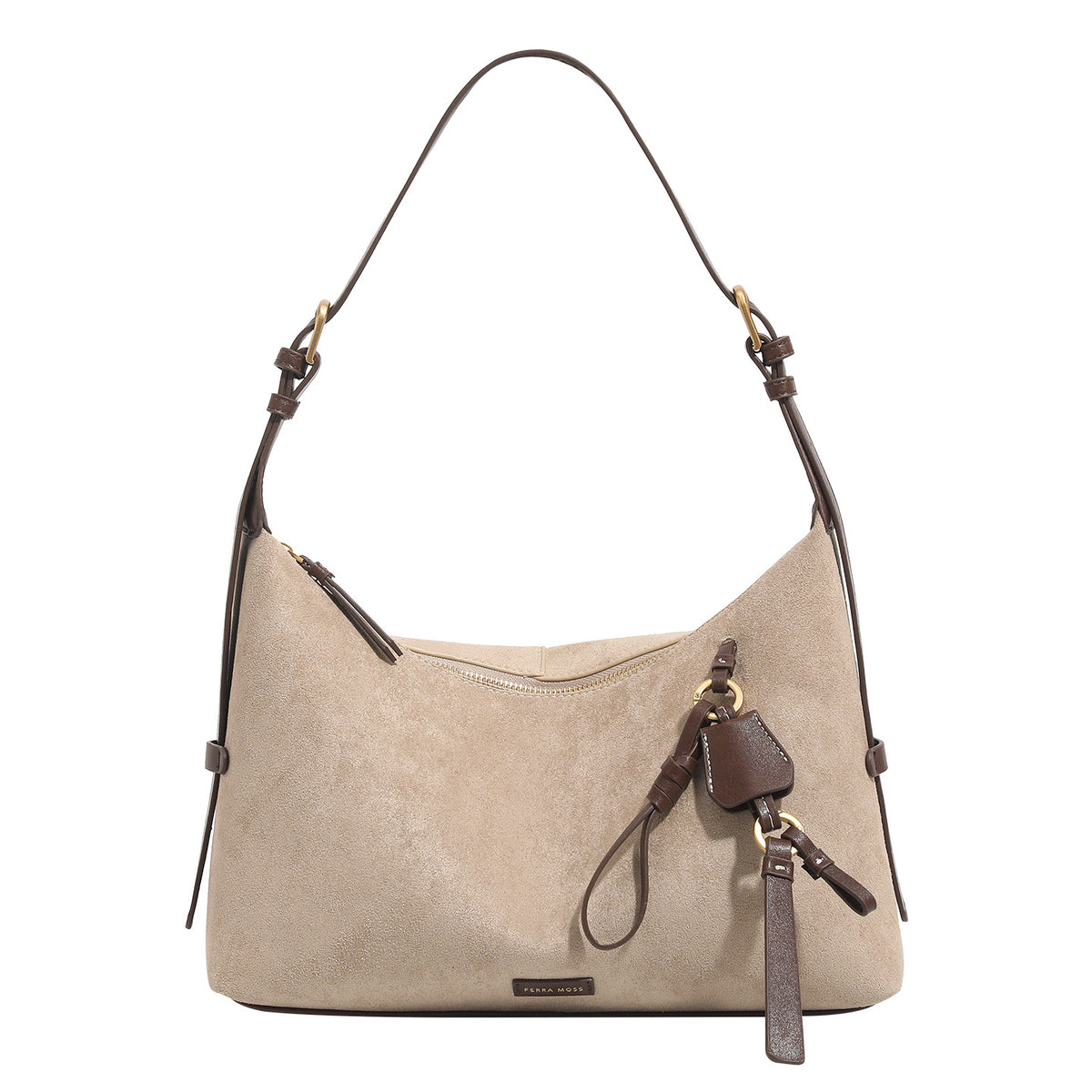 Hobo-Schultertasche in Sand mit Velourslederoptik, dunkelbraunen Riemen aus Lederimitat, goldfarbenen Metalldetails, Reißverschluss oben und hängendem