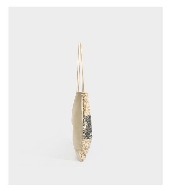 Sequin color-block shoulder tote bag with champagne and silver panels and cream leather-look straps, detail view 10