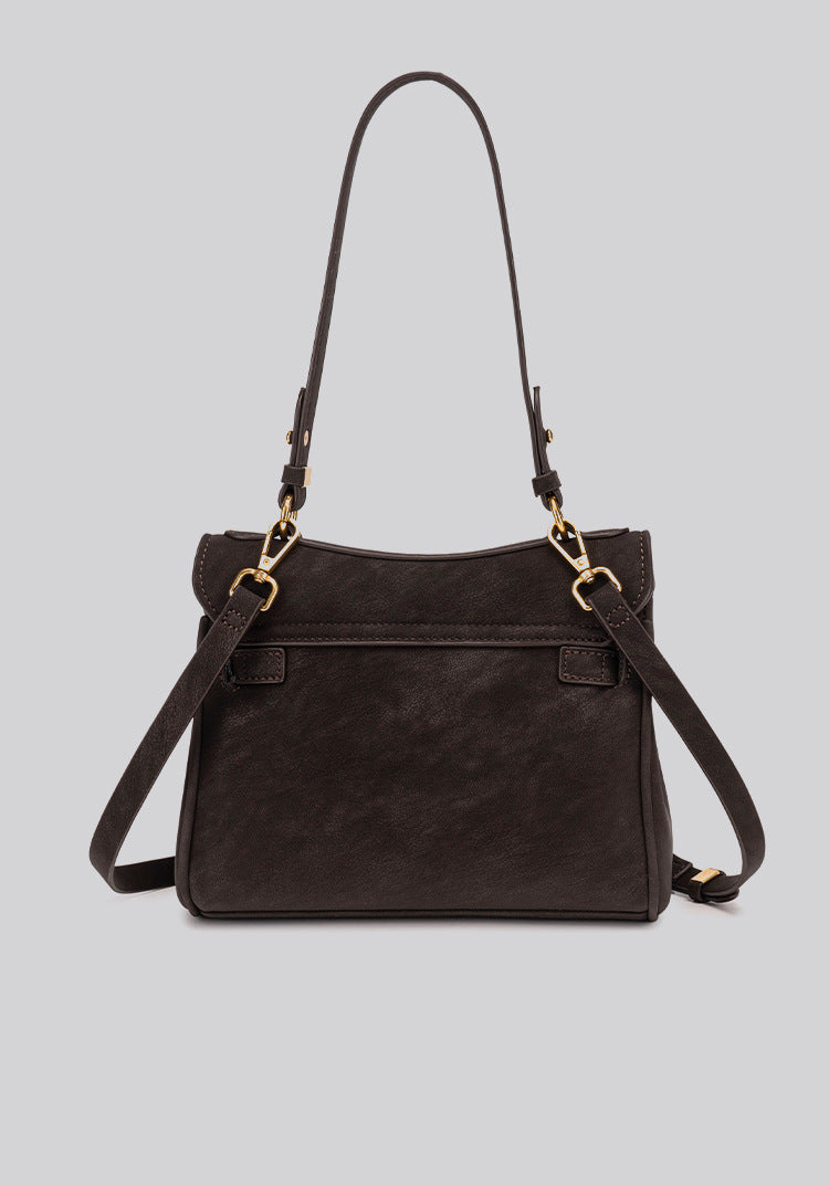 Structured dark brown flap satchel with gold-tone turn-lock hardware and detachable shoulder strap, detail view 19