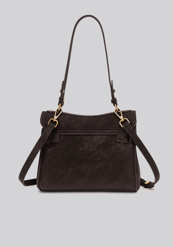 Structured dark brown flap satchel with gold-tone turn-lock hardware and detachable shoulder strap, detail view 19