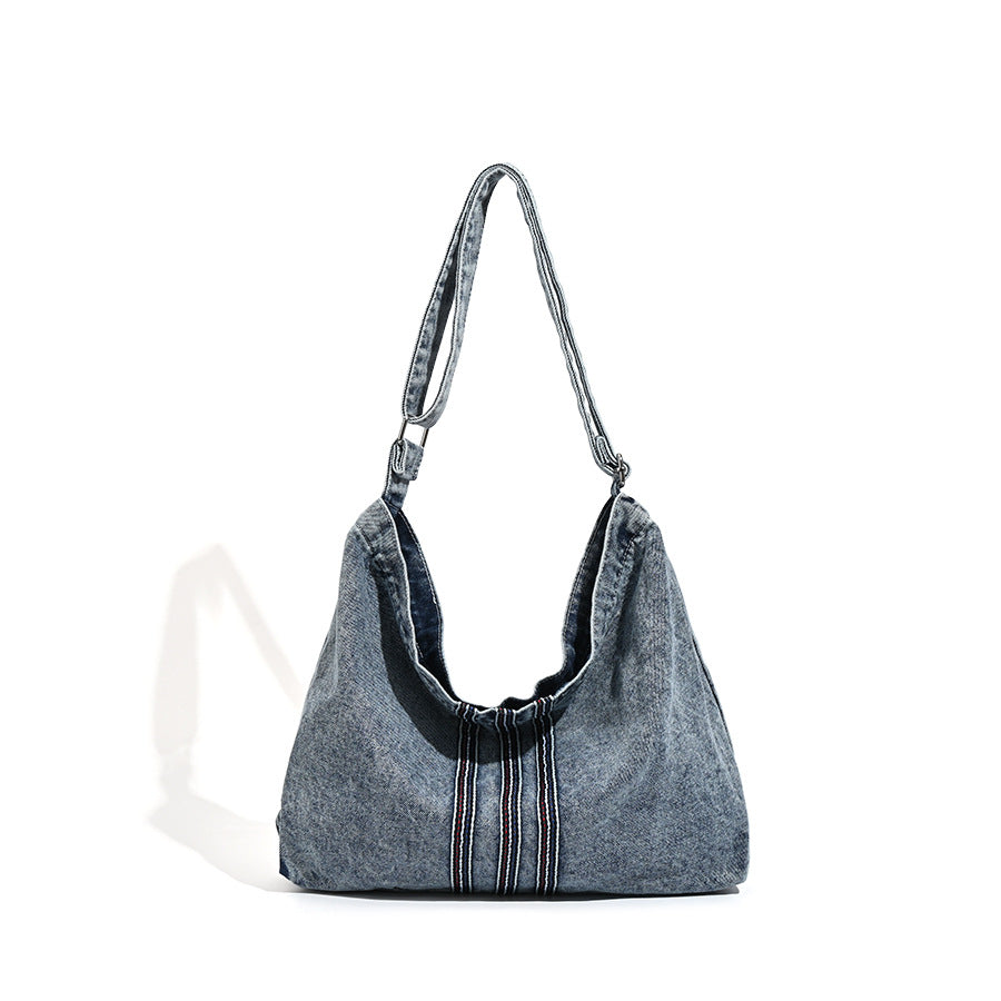 Oversized washed denim hobo shoulder bag with contrast stripe stitching and wide adjustable strap, detail view 5