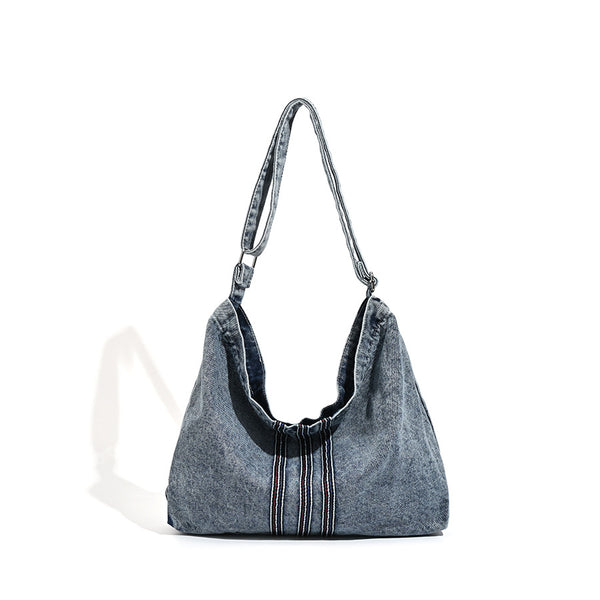 Oversized washed denim hobo shoulder bag with contrast stripe stitching and wide adjustable strap, detail view 5