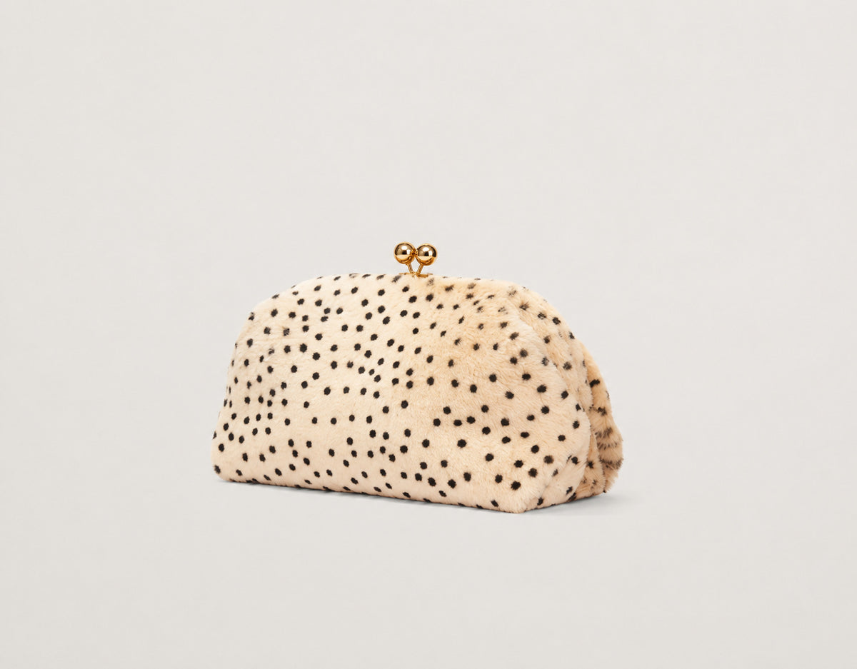 Rounded spotted faux-fur kiss-lock clutch bag with gold-tone chain strap in cream with black dot print, detail view 13