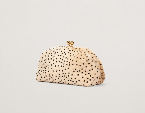Rounded spotted faux-fur kiss-lock clutch bag with gold-tone chain strap in cream with black dot print, detail view 13