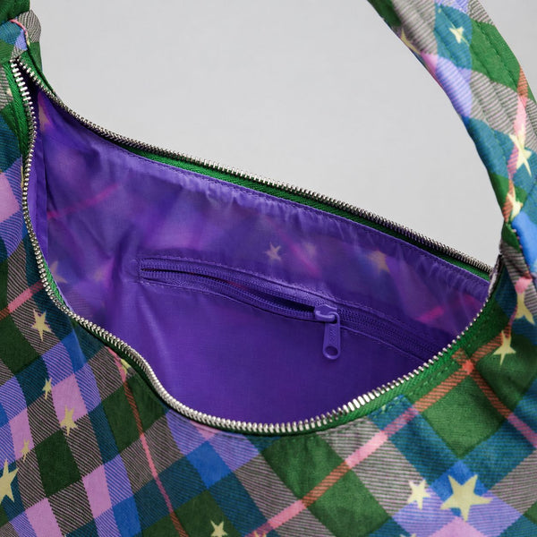 Multicolor plaid and star print hobo shoulder bag with knotted strap and silver-tone zip closure, detail view 11