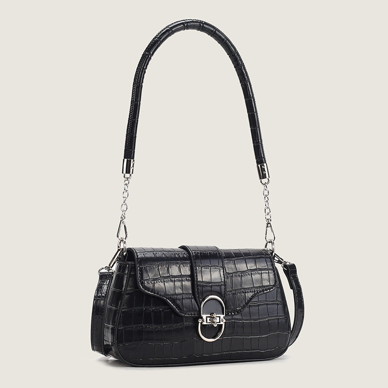 Small structured crocodile-embossed flap shoulder bag with circular alloy turn-lock and chain-link top handle, detail view 2