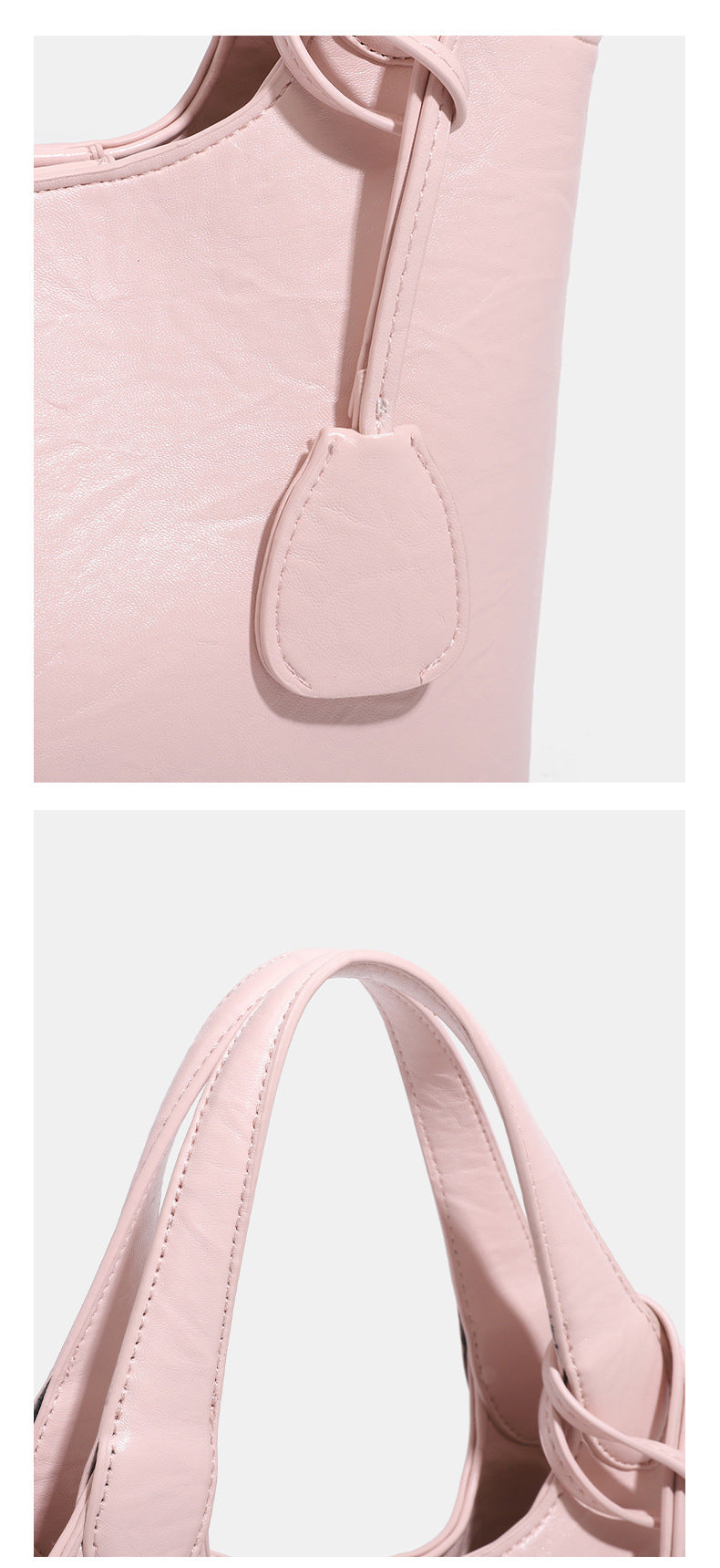 Soft glossy leather-look bucket tote bag with twin handles and detachable crossbody strap, detail view 15