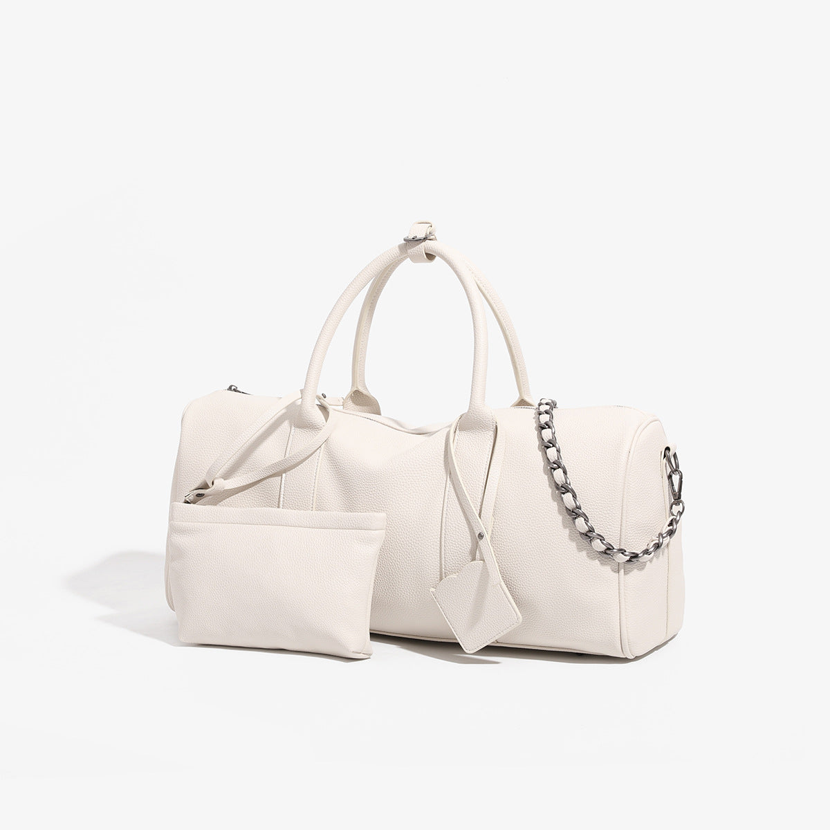 Large cream white pebbled leather-look barrel travel bag with twin top handles, chunky chain shoulder strap, front zip