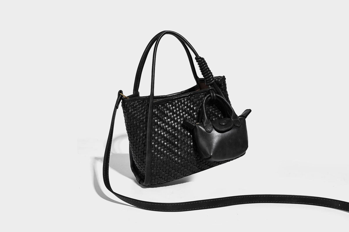 Woven texture open-top tote bag with smooth trim top handles and attached mini drawstring pouch in dark brown, detail view 32
