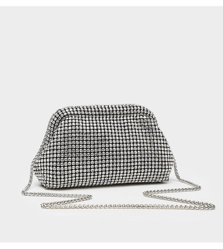 Small crystal rhinestone clutch crossbody bag with silver-tone chain strap and frame-clip closure, detail view 15
