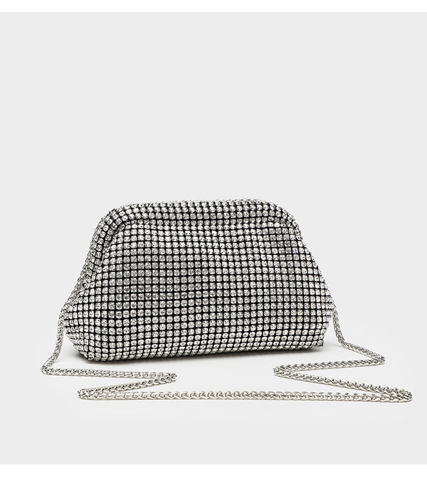 Small crystal rhinestone clutch crossbody bag with silver-tone chain strap and frame-clip closure, detail view 15