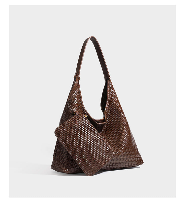 Slouchy woven leather-look hobo tote bag in brown with detachable zip pouch and gold-tone hardware, detail view 14