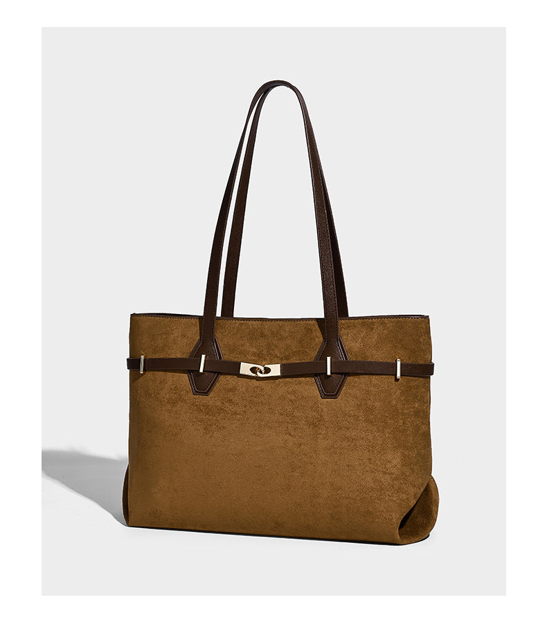 Structured suede-look shopper tote with wraparound belt strap and gold turn-lock clasp, long dark brown shoulder handles
