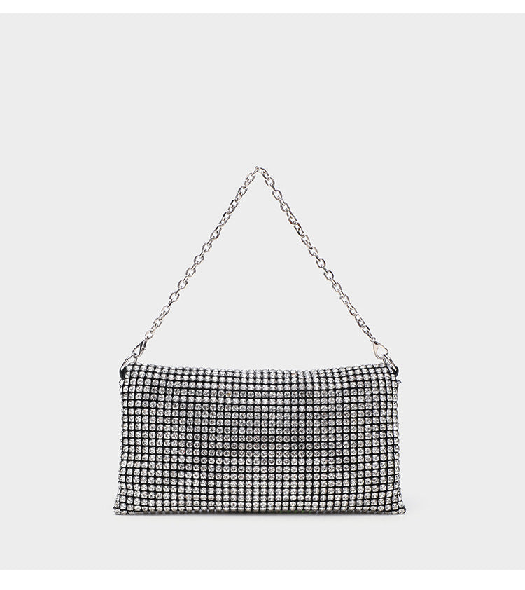 Small rectangular all-over rhinestone flap crossbody clutch bag with silver chain strap, detail view 8