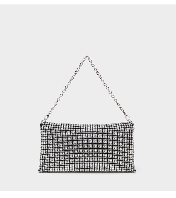 Small rectangular all-over rhinestone flap crossbody clutch bag with silver chain strap, detail view 8