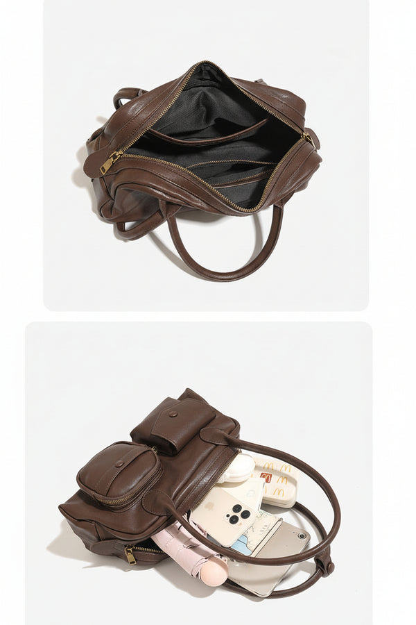 Structured retro bowling-style top-handle handbag with dual zip closure, front snap-flap pocket, and front zip pocket, detail