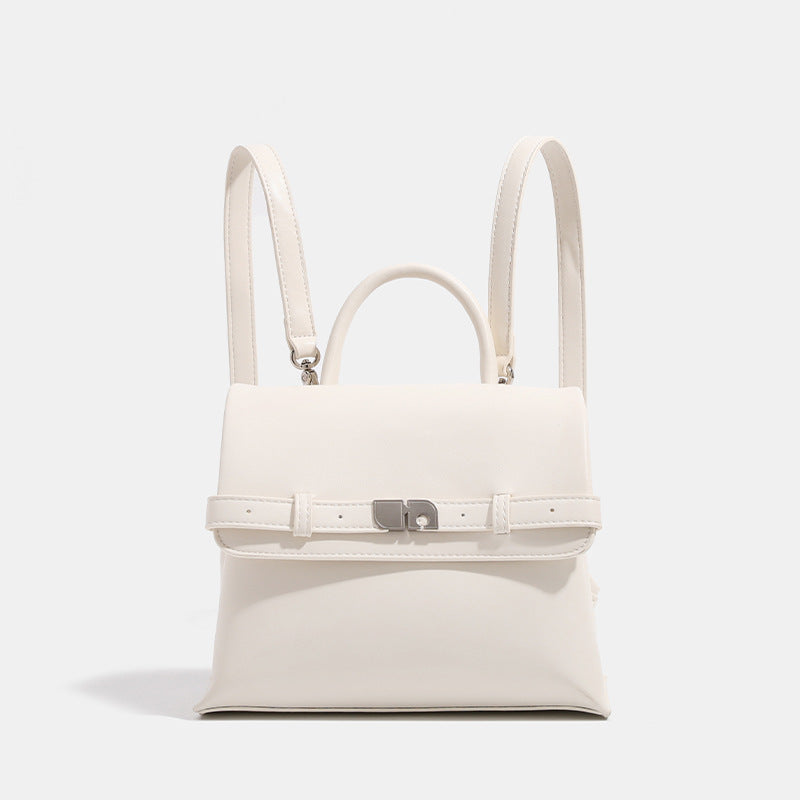 Structured matte leather-look convertible flap handbag with silver-tone turn-lock clasp and top handle, detail view 8
