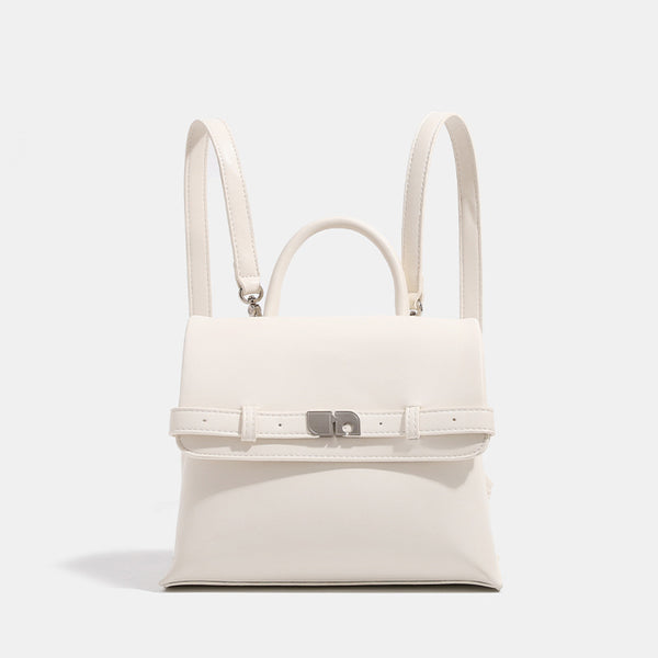 Structured matte leather-look convertible flap handbag with silver-tone turn-lock clasp and top handle, detail view 8