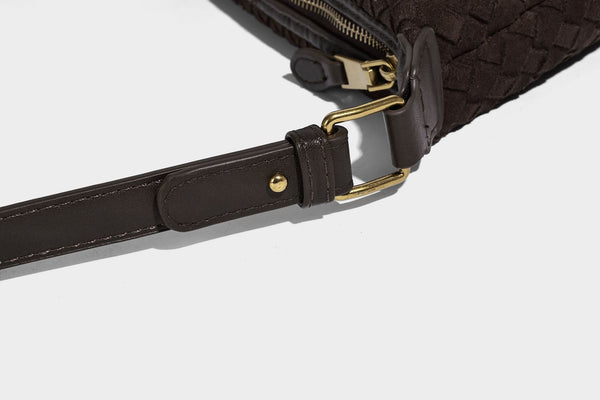 Small woven-texture crescent hobo bag in dark chocolate brown with top zip closure, gold-tone hardware, and adjustable