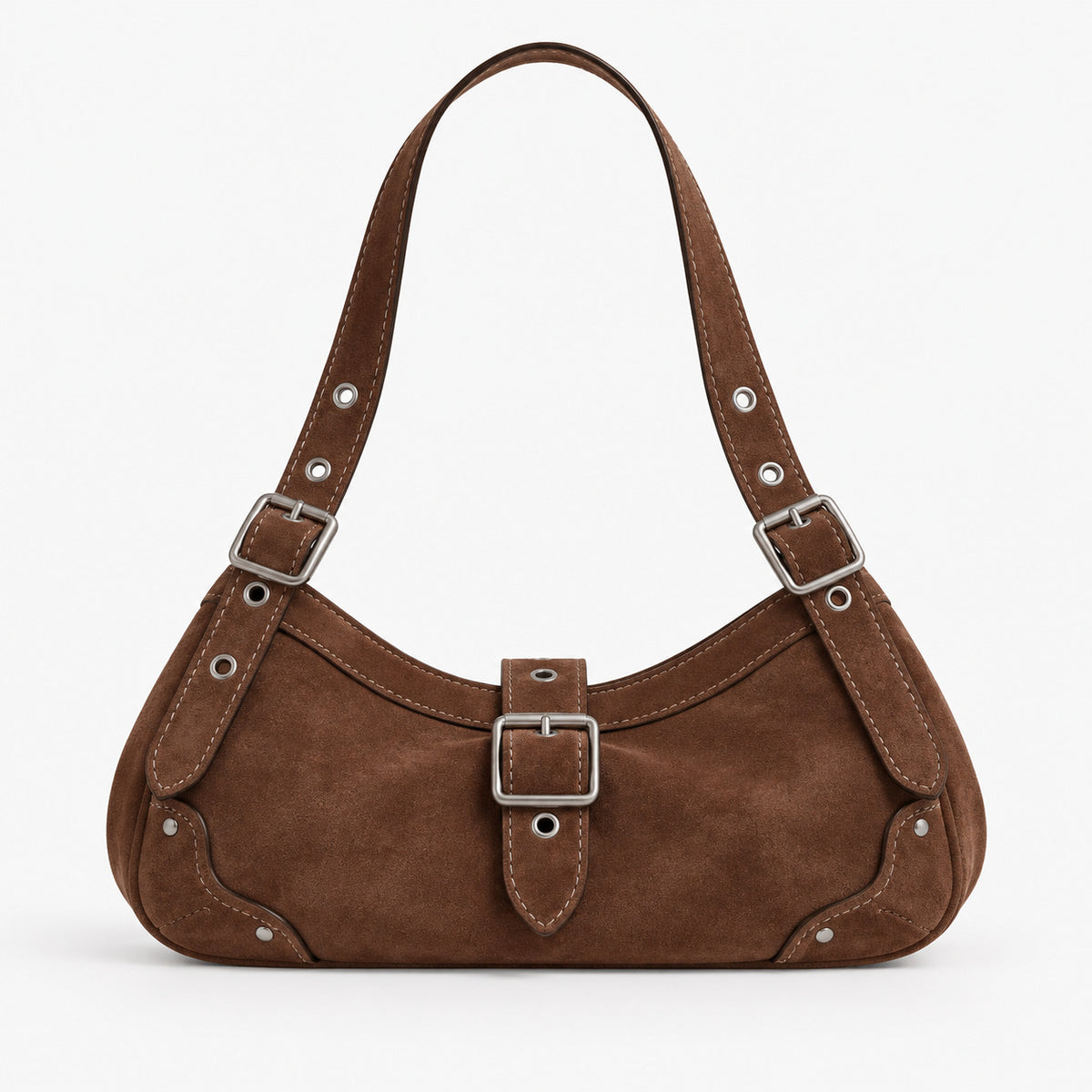 Geschwungene Hobo-Schultertasche mit matter Wildlederoptik, Riemen mit Schnalle in Silberoptik, Ösen, Nieten und Reißverschluss, Detailansicht