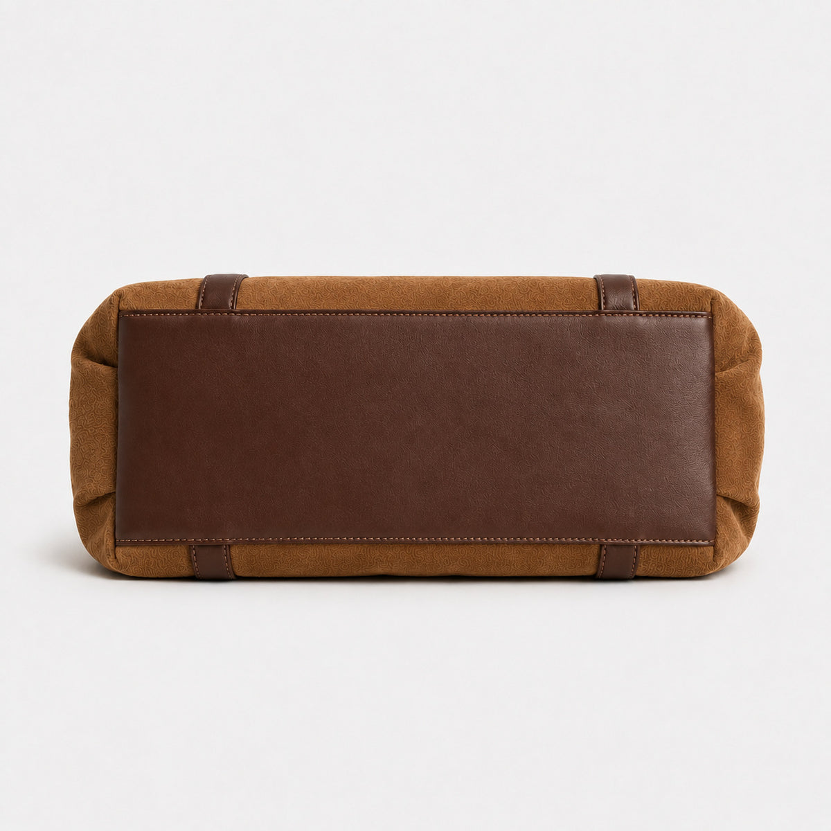 Soft suede-texture shoulder bag in brown with drawstring sides, leather-look vertical straps, gold-tone buckle hardware, and