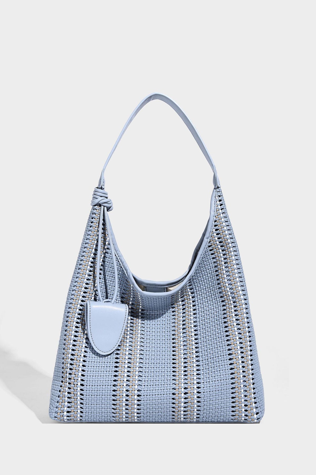 Woven striped slouch shoulder tote bag with knotted strap and attached front flap pouch, detail view 16
