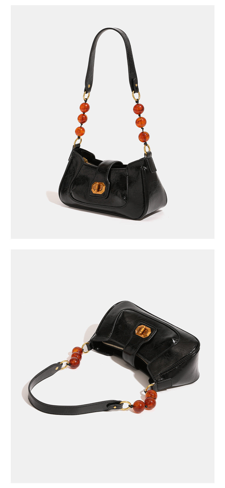Compact glossy crinkled baguette shoulder bag with amber resin bead strap accent and gold-tone turn-lock closure, detail view