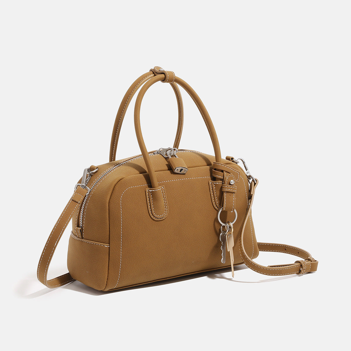 Compact retro Boston satchel bag with matte suede-look finish, twin rounded top handles, double zip closure with silver-tone