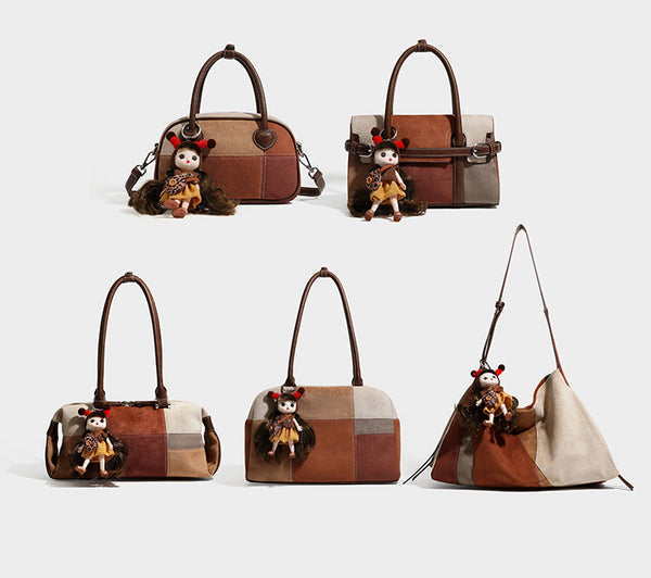 Kleine, strukturierte Henkeltasche aus Patchwork in Farbblöcken aus Beige, Camel, Braun und Rost mit dunkelbrauner Einfassung, herzförmigem