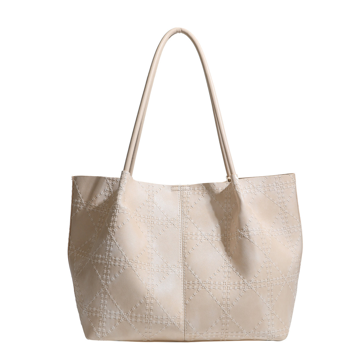 Large open-top tote bag with raised diamond-lattice stitching, long double shoulder handles, and gold-tone magnetic snap