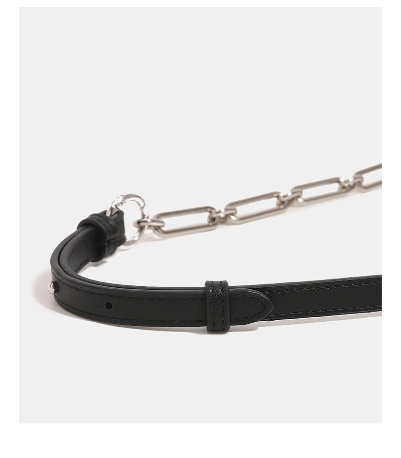 Compact crescent half-moon shoulder bag with chain-and-leather adjustable strap and silver-tone hardware, detail view 15