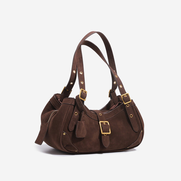Lässig drapierte Hobo-Schultertasche in genarbter Kunstlederoptik mit antikgoldener quadratischer Schnalle und verstellbarem, mit Ösen besetztem Schulter