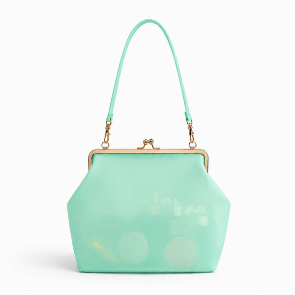 Structured translucent pastel frame-clasp shoulder bag with gold-tone hinged ball clasp and slim top handle, detail view 17
