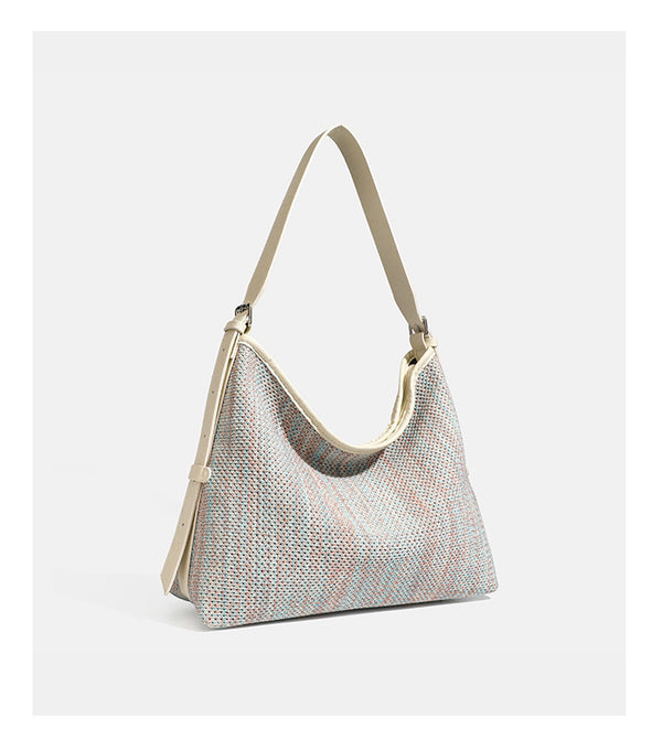 Large slouchy woven shoulder bag with dark brown leather-look trim and adjustable strap, detail view 12