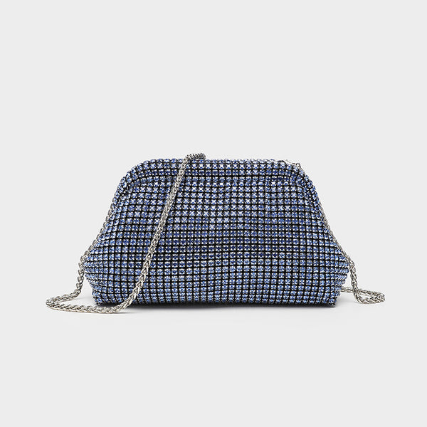 Small crystal rhinestone clutch crossbody bag with silver-tone chain strap and frame-clip closure, detail view 4