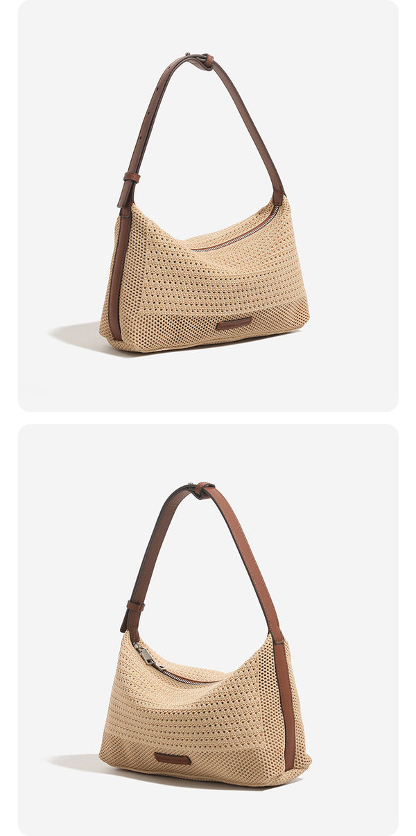 Woven crescent hobo shoulder bag with adjustable leather-look strap and top zip closure, detail view 8