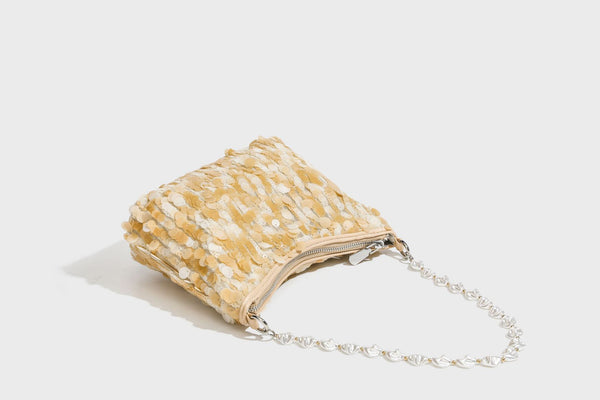 Small crescent sequin shoulder bag with pearl beaded strap and zip closure, detail view 31