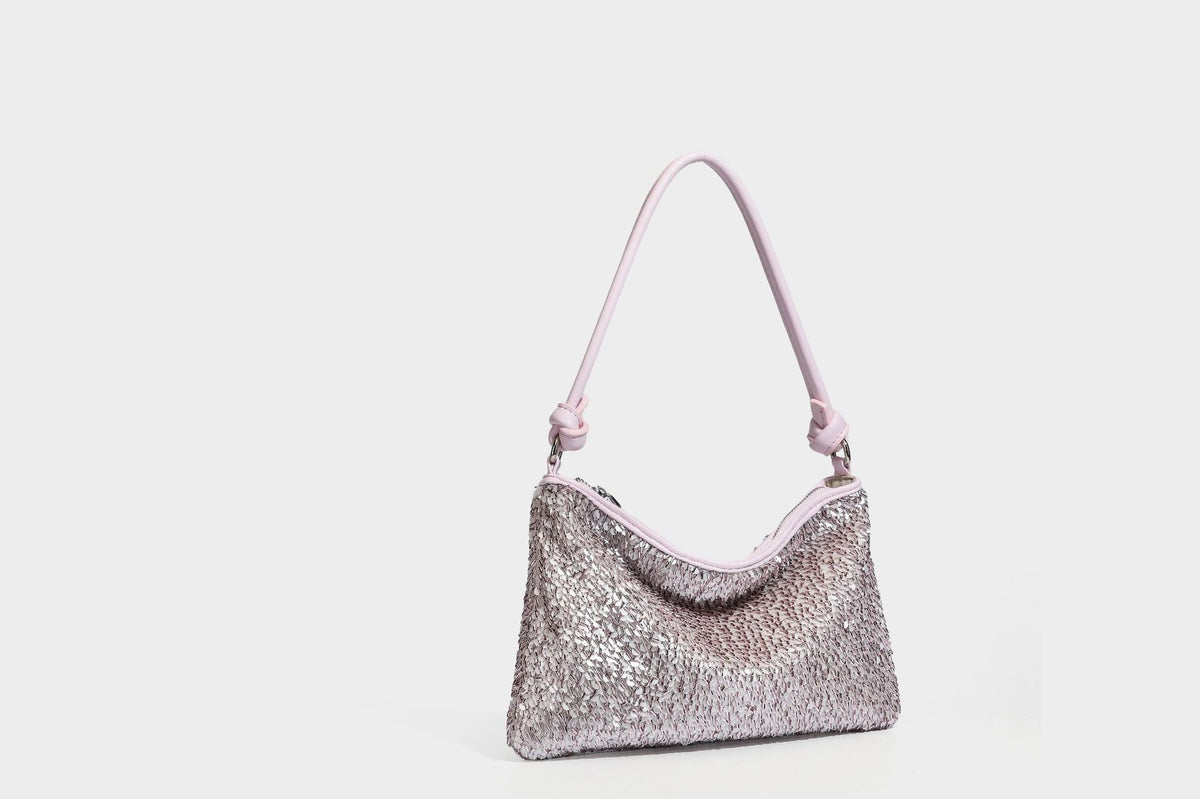 Small sequin hobo shoulder bag with knotted strap and zip closure, detail view 28