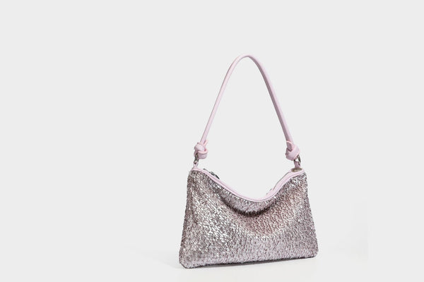 Small sequin hobo shoulder bag with knotted strap and zip closure, detail view 28