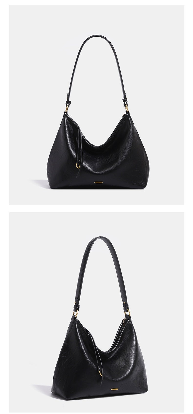 Large crinkled leather-look hobo shoulder bag with zip closure and gold-tone hardware, detail view 14