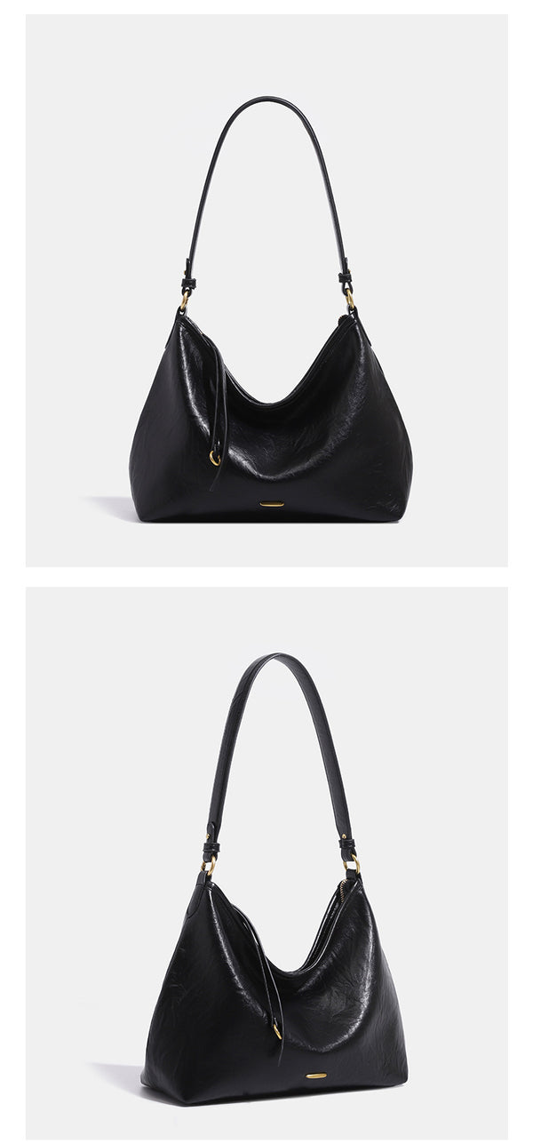 Large crinkled leather-look hobo shoulder bag with zip closure and gold-tone hardware, detail view 14