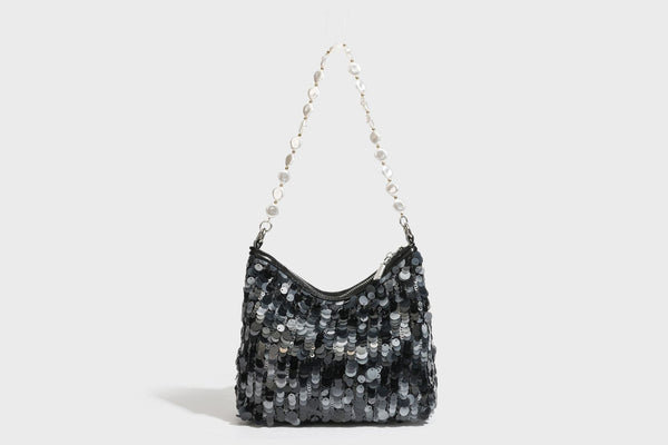 Small crescent sequin shoulder bag with pearl beaded strap and zip closure, detail view 35