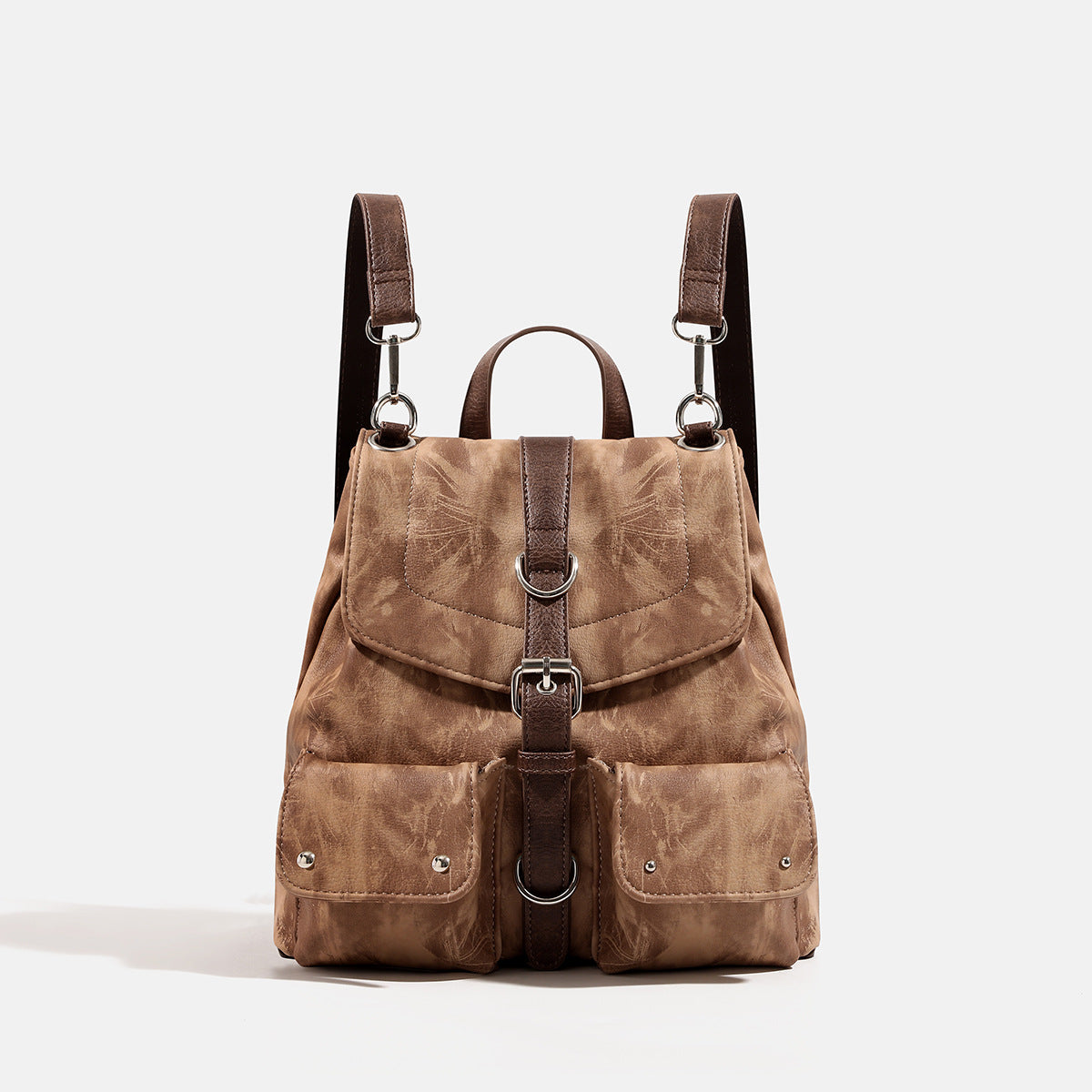 Compact distressed leather-look tan-brown backpack handbag with flap-and-buckle closure, two front patch pockets, top handle