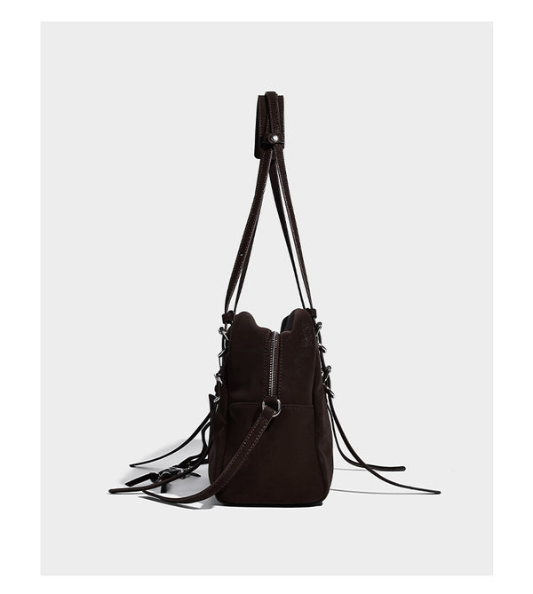 Structured rectangular matte suede-like shoulder bag with silver-tone hardware, zip closure, double top handles, and, detail