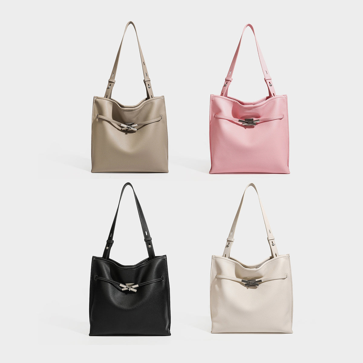 Pebbled leather-look tote bag with front toggle hardware and long shoulder strap, detail view 2